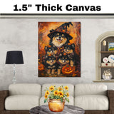 Finnish Lapphund Dog Family Halloween Canvas Wall Art with Pumpkins Rustic Fall Accent for Cozy Autumn Homes on Ready to Hang 1.5" Thick Canvas Wrap, Floating Framed Canvas, Flat Rolled Canvas