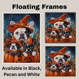 French Bulldog Halloween Canvas Wall Art with Pumpkins and Witch Hats Rustic Fall Accent for Autumn Homes on Ready to Hang 1.5" Thick Canvas Wrap, Floating Framed Canvas, Flat Rolled Canvas