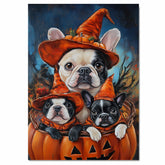 French Bulldog Halloween Canvas Wall Art with Pumpkins and Witch Hats Rustic Fall Accent for Autumn Homes on Ready to Hang 1.5" Thick Canvas Wrap, Floating Framed Canvas, Flat Rolled Canvas