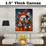French Bulldog Halloween Canvas Wall Art with Pumpkins and Witch Hats Rustic Fall Accent for Autumn Homes on Ready to Hang 1.5" Thick Canvas Wrap, Floating Framed Canvas, Flat Rolled Canvas
