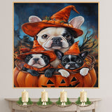 French Bulldog Halloween Canvas Wall Art with Pumpkins and Witch Hats Rustic Fall Accent for Autumn Homes on Ready to Hang 1.5" Thick Canvas Wrap, Floating Framed Canvas, Flat Rolled Canvas