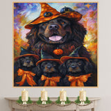 Newfoundland Dog Halloween Canvas Wall Art with Witch Hat and Pumpkins Rustic Fall Farmhouse Decor on Ready to Hang 1.5" Thick Canvas Wrap, Floating Framed Canvas, Flat Rolled Canvas