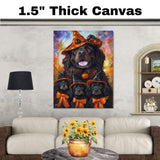 Newfoundland Dog Halloween Canvas Wall Art with Witch Hat and Pumpkins Rustic Fall Farmhouse Decor on Ready to Hang 1.5" Thick Canvas Wrap, Floating Framed Canvas, Flat Rolled Canvas