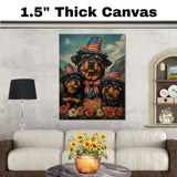 Rottweiler Dog Family in Patriotic Outfits and Star Hats with Flowers in Scenic Landscape for Fourth of July Celebration on Ready to Hang 1.5" Thick Canvas Wrap, Floating Framed Canvas, Flat Rolled Canvas