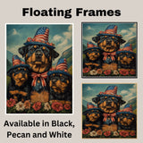 Rottweiler Dog Family in Patriotic Outfits and Star Hats with Flowers in Scenic Landscape for Fourth of July Celebration on Ready to Hang 1.5" Thick Canvas Wrap, Floating Framed Canvas, Flat Rolled Canvas