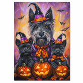 Rustic Halloween Scottish Terrier Dog Wall Art Canvas with Pumpkins Bats and Witch Hats Fall Farmhouse Pet Decor for Home on Ready to Hang 1.5" Thick Canvas Wrap, Floating Framed Canvas, Flat Rolled Canvas