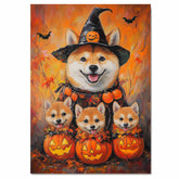 Shiba Inu Dog Halloween Wall Art Rustic Fall Canvas with Pumpkins Witch Hat and Bats Autumn Farmhouse Pet Decor for Home on Ready to Hang 1.5" Thick Canvas Wrap, Floating Framed Canvas, Flat Rolled Canvas