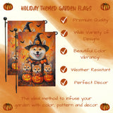 Shiba Inu with Fall Autumn Witch Hat Decorative Banner with Puppy Outdoor Yard Flag Decoration for Halloween Bats Spooky Garden Gifts for Dog Lovers