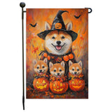 Shiba Inu with Fall Autumn Witch Hat Decorative Banner with Puppy Outdoor Yard Flag Decoration for Halloween Bats Spooky Garden Gifts for Dog Lovers