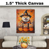 Shiba Inu Dog Halloween Wall Art Rustic Fall Canvas with Pumpkins Witch Hat and Bats Autumn Farmhouse Pet Decor for Home on Ready to Hang 1.5" Thick Canvas Wrap, Floating Framed Canvas, Flat Rolled Canvas