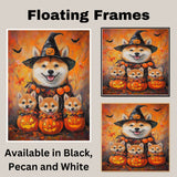 Shiba Inu Dog Halloween Wall Art Rustic Fall Canvas with Pumpkins Witch Hat and Bats Autumn Farmhouse Pet Decor for Home on Ready to Hang 1.5" Thick Canvas Wrap, Floating Framed Canvas, Flat Rolled Canvas