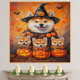 Shiba Inu Dog Halloween Wall Art Rustic Fall Canvas with Pumpkins Witch Hat and Bats Autumn Farmhouse Pet Decor for Home on Ready to Hang 1.5" Thick Canvas Wrap, Floating Framed Canvas, Flat Rolled Canvas