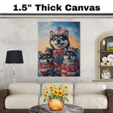 Patriotic Akita Mother and Puppies in American Flag Outfits and Hats with Sunset Sky Background and Star Bowties on Ready to Hang 1.5" Thick Canvas Wrap, Floating Framed Canvas, Flat Rolled Canvas