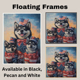 Patriotic Akita Mother and Puppies in American Flag Outfits and Hats with Sunset Sky Background and Star Bowties on Ready to Hang 1.5" Thick Canvas Wrap, Floating Framed Canvas, Flat Rolled Canvas