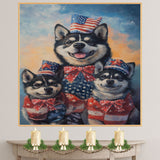 Patriotic Akita Mother and Puppies in American Flag Outfits and Hats with Sunset Sky Background and Star Bowties on Ready to Hang 1.5" Thick Canvas Wrap, Floating Framed Canvas, Flat Rolled Canvas
