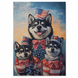 Patriotic Akita Mother and Puppies in American Flag Outfits and Hats with Sunset Sky Background and Star Bowties on Ready to Hang 1.5" Thick Canvas Wrap, Floating Framed Canvas, Flat Rolled Canvas