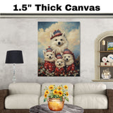 American Eskimo Dog Mom and Puppies in Red Star Outfits and Patriotic Hats with Soft Sky and Meadow Flowers Background on Ready to Hang 1.5" Thick Canvas Wrap, Floating Framed Canvas, Flat Rolled Canvas