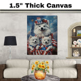 American Eskimo Dog Mom and Puppies in Patriotic Outfits with Flags and Flowers Against a Cloudy Blue Sky Backdrop on Ready to Hang 1.5" Thick Canvas Wrap, Floating Framed Canvas, Flat Rolled Canvas