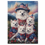 American Eskimo Dog Mom and Puppies in Patriotic Outfits with Party Hats in a Wildflower Meadow and Mountain Sunset Background on Ready to Hang 1.5" Thick Canvas Wrap, Floating Framed Canvas, Flat Rolled Canvas