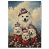 American Eskimo Dog Mom and Puppies in Red Star Outfits and Patriotic Hats with Soft Sky and Meadow Flowers Background on Ready to Hang 1.5" Thick Canvas Wrap, Floating Framed Canvas, Flat Rolled Canvas