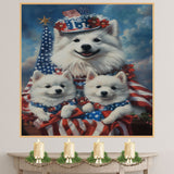 American Eskimo Dog Mom and Puppies in Patriotic Outfits with Flags and Flowers Against a Cloudy Blue Sky Backdrop on Ready to Hang 1.5" Thick Canvas Wrap, Floating Framed Canvas, Flat Rolled Canvas