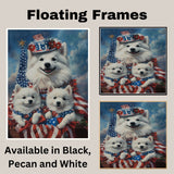 American Eskimo Dog Mom and Puppies in Patriotic Outfits with Flags and Flowers Against a Cloudy Blue Sky Backdrop on Ready to Hang 1.5" Thick Canvas Wrap, Floating Framed Canvas, Flat Rolled Canvas