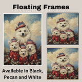 American Eskimo Dog Mom and Puppies in Red Star Outfits and Patriotic Hats with Soft Sky and Meadow Flowers Background on Ready to Hang 1.5" Thick Canvas Wrap, Floating Framed Canvas, Flat Rolled Canvas