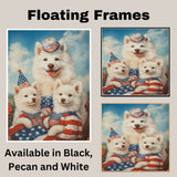 American Eskimo Dog Mom and Puppies in Patriotic Outfits with Party Hats and Starry Sky Background for Fourth of July and Holiday Decor on Ready to Hang 1.5" Thick Canvas Wrap, Floating Framed Canvas, Flat Rolled Canvas