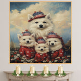 American Eskimo Dog Mom and Puppies in Red Star Outfits and Patriotic Hats with Soft Sky and Meadow Flowers Background on Ready to Hang 1.5" Thick Canvas Wrap, Floating Framed Canvas, Flat Rolled Canvas