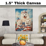 American Eskimo Dog Mom and Puppies in Patriotic Outfits with Party Hats and Starry Sky Background for Fourth of July and Holiday Decor on Ready to Hang 1.5" Thick Canvas Wrap, Floating Framed Canvas, Flat Rolled Canvas
