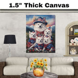 American Eskimo Dog Mom and Puppies in Patriotic Outfits with Party Hats in a Wildflower Meadow and Mountain Sunset Background on Ready to Hang 1.5" Thick Canvas Wrap, Floating Framed Canvas, Flat Rolled Canvas