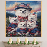 American Eskimo Dog Mom and Puppies in Patriotic Outfits with Party Hats in a Wildflower Meadow and Mountain Sunset Background on Ready to Hang 1.5" Thick Canvas Wrap, Floating Framed Canvas, Flat Rolled Canvas