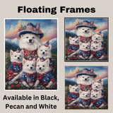 American Eskimo Dog Mom and Puppies in Patriotic Outfits with Party Hats in a Wildflower Meadow and Mountain Sunset Background on Ready to Hang 1.5" Thick Canvas Wrap, Floating Framed Canvas, Flat Rolled Canvas