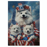 American Eskimo Dog Mom and Puppies in Patriotic Outfits with Flags and Flowers Against a Cloudy Blue Sky Backdrop on Ready to Hang 1.5" Thick Canvas Wrap, Floating Framed Canvas, Flat Rolled Canvas