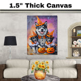 Halloween Akita Dog Wall Art with Pumpkins and Witch Hats Rustic Fall Dog Painting for Autumn Home Decor Pet Lover Gift Spooky Seasonal Wall Artwork on Ready to Hang 1.5" Thick Canvas Wrap, Floating Framed Canvas, Flat Rolled Canvas