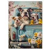 Mother American Bulldog with Puppies in Easter Outfits, Cute Spring Art for Dog Lovers, Perfect Easter Gift for Bulldog Owners, Dog Wall Art on Canvas Wrap, Framed Print, or Rolled Artwork for Living Room or Bedroom