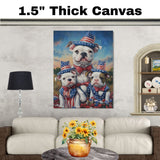 American Bulldog Mom and Puppies in Star-Spangled Hats and Bowties with Sunset Sky and Patriotic Floral Field on Ready to Hang 1.5" Thick Canvas Wrap, Floating Framed Canvas, Flat Rolled Canvas