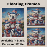 American Bulldog Mom and Puppies in Star-Spangled Hats and Bowties with Sunset Sky and Patriotic Floral Field on Ready to Hang 1.5" Thick Canvas Wrap, Floating Framed Canvas, Flat Rolled Canvas