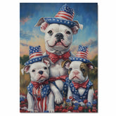 American Bulldog Mom and Puppies in Star-Spangled Hats and Bowties with Sunset Sky and Patriotic Floral Field on Ready to Hang 1.5" Thick Canvas Wrap, Floating Framed Canvas, Flat Rolled Canvas