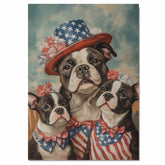 American Bulldog Mom and Puppies in Patriotic Outfits with Floral Hats and Bows on a Soft Sky Background American Style on Ready to Hang 1.5" Thick Canvas Wrap, Floating Framed Canvas, Flat Rolled Canvas