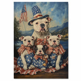 American Bulldog Mom and Puppies in Patriotic Outfits with Flags and Mountain Lake Background in Vintage Oil Painting Style on Ready to Hang 1.5" Thick Canvas Wrap, Floating Framed Canvas, Flat Rolled Canvas