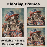 American Bulldog Mom and Puppies in Patriotic Outfits with Floral Hats and Bows on a Soft Sky Background American Style on Ready to Hang 1.5" Thick Canvas Wrap, Floating Framed Canvas, Flat Rolled Canvas