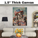 American Bulldog Mom and Puppies in Patriotic Outfits with Floral Hats and Bows on a Soft Sky Background American Style on Ready to Hang 1.5" Thick Canvas Wrap, Floating Framed Canvas, Flat Rolled Canvas