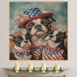 American Bulldog Mom and Puppies in Patriotic Outfits with Floral Hats and Bows on a Soft Sky Background American Style on Ready to Hang 1.5" Thick Canvas Wrap, Floating Framed Canvas, Flat Rolled Canvas
