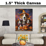 Halloween American Foxhound Dog Family Wall Art with Pumpkins and Witch Hats Fall Rustic Farmhouse Decor for Dog Lovers on Ready to Hang 1.5" Thick Canvas Wrap, Floating Framed Canvas, Flat Rolled Canvas