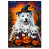 American Eskimo Halloween Witch Dog Canvas Wall Art with Pumpkins Fall Farmhouse Decor for Pet Lovers on Ready to Hang 1.5" Thick Canvas Wrap, Floating Framed Canvas, Flat Rolled Canvas