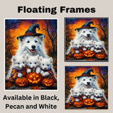 American Eskimo Halloween Witch Dog Canvas Wall Art with Pumpkins Fall Farmhouse Decor for Pet Lovers on Ready to Hang 1.5" Thick Canvas Wrap, Floating Framed Canvas, Flat Rolled Canvas
