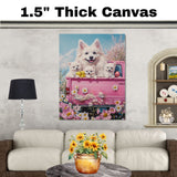 Mother American Eskimo Dog and Puppies in Easter Outfits, Sweet Spring Art for Dog Lovers, Holiday Gift for Eskimo Dog Owners, Dog Wall Art on Canvas Wrap, Framed Print, or Rolled Artwork for Living Room or Bedroom
