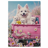 Mother American Eskimo Dog and Puppies in Easter Outfits, Sweet Spring Art for Dog Lovers, Holiday Gift for Eskimo Dog Owners, Dog Wall Art on Canvas Wrap, Framed Print, or Rolled Artwork for Living Room or Bedroom