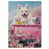 Mother American Eskimo Dog and Puppies in Easter Outfits, Sweet Spring Art for Dog Lovers, Holiday Gift for Eskimo Dog Owners, Dog Wall Art on Canvas Wrap, Framed Print, or Rolled Artwork for Living Room or Bedroom